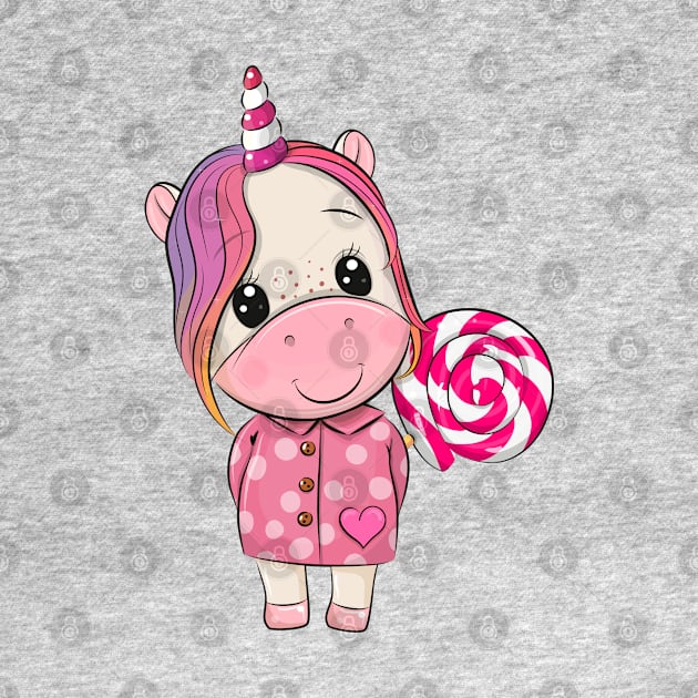 Cute unicorn in a pink coat with a lollipop. by Reginast777